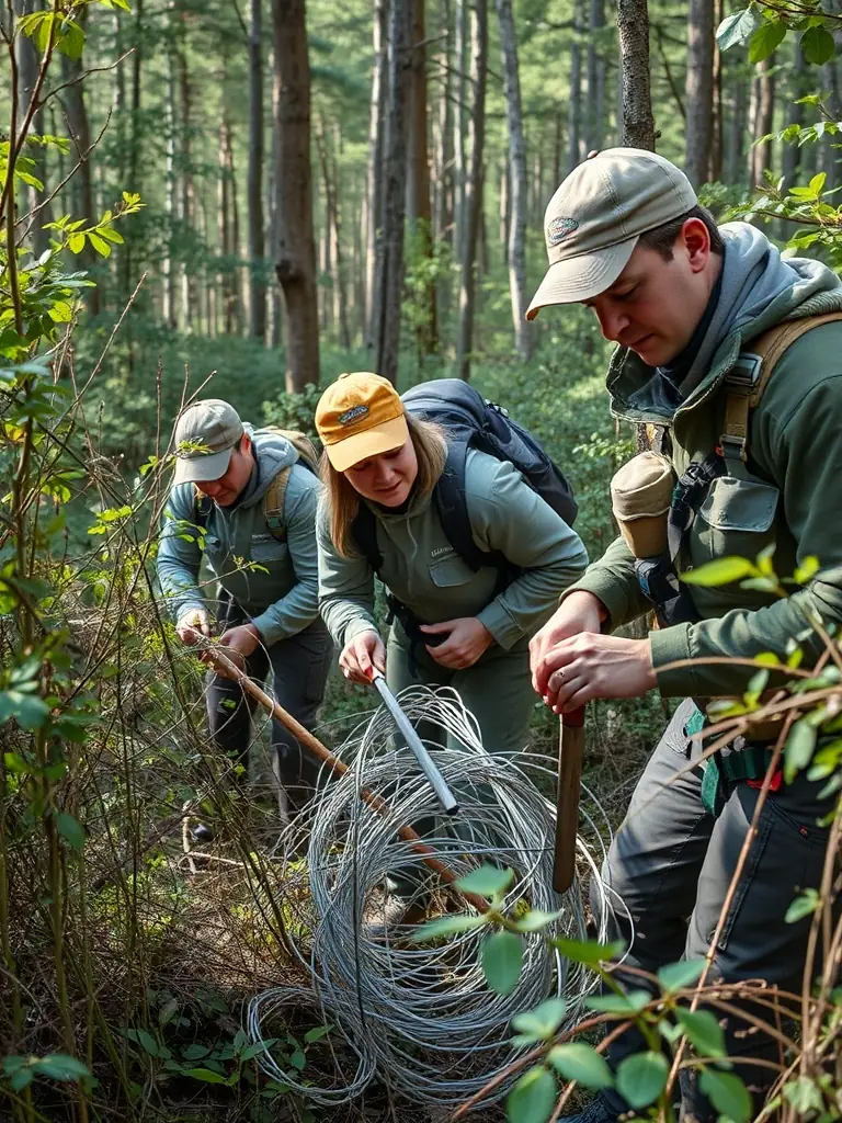 A photograph showing volunteers from SOCIETE COMMUNALE DES CHASSEURS DE SAINT-MARTIAL-DE-GIMEL removing snares and traps during an anti-poaching patrol in a wooded area.