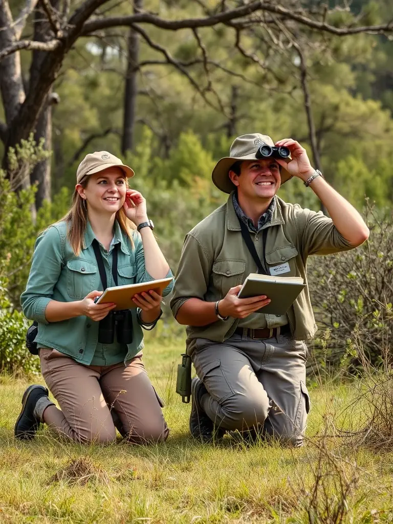 A photograph depicting members of SOCIETE COMMUNALE DES CHASSEURS DE SAINT-MARTIAL-DE-GIMEL participating in a wildlife census, using binoculars and notebooks in a natural setting.