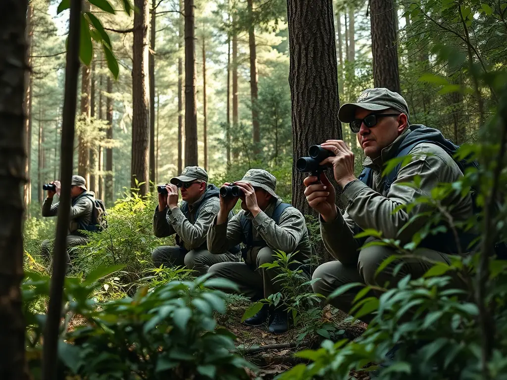 A photograph depicting members of SOCIETE COMMUNALE DES CHASSEURS DE SAINT-MARTIAL-DE-GIMEL participating in a wildlife census in the forests of Saint-Martial-de-Gimel, showcasing their dedication to monitoring local animal populations.