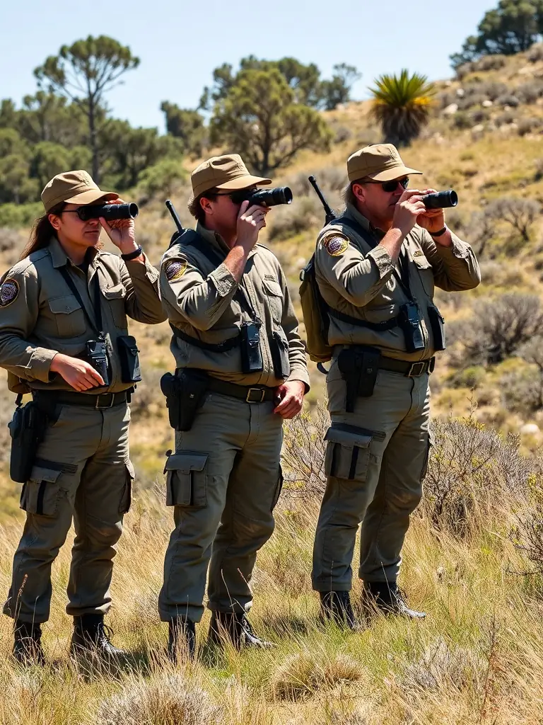A photograph capturing an anti-poaching patrol team from the organization, equipped with binoculars and radios, surveying a protected area within the Saint-Martial-de-Gimel region.
