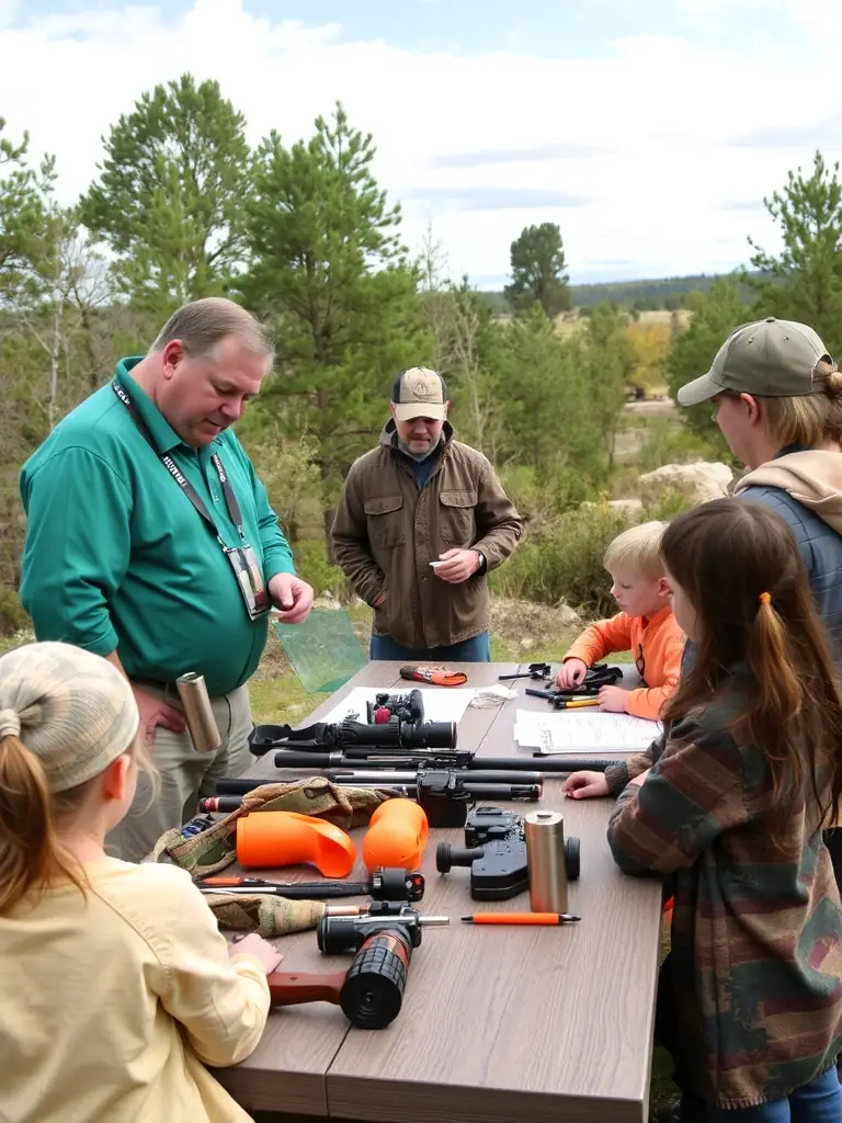 A photograph of a SOCIETE COMMUNALE DES CHASSEURS DE SAINT-MARTIAL-DE-GIMEL member leading an educational workshop for local children about responsible hunting practices and wildlife conservation.