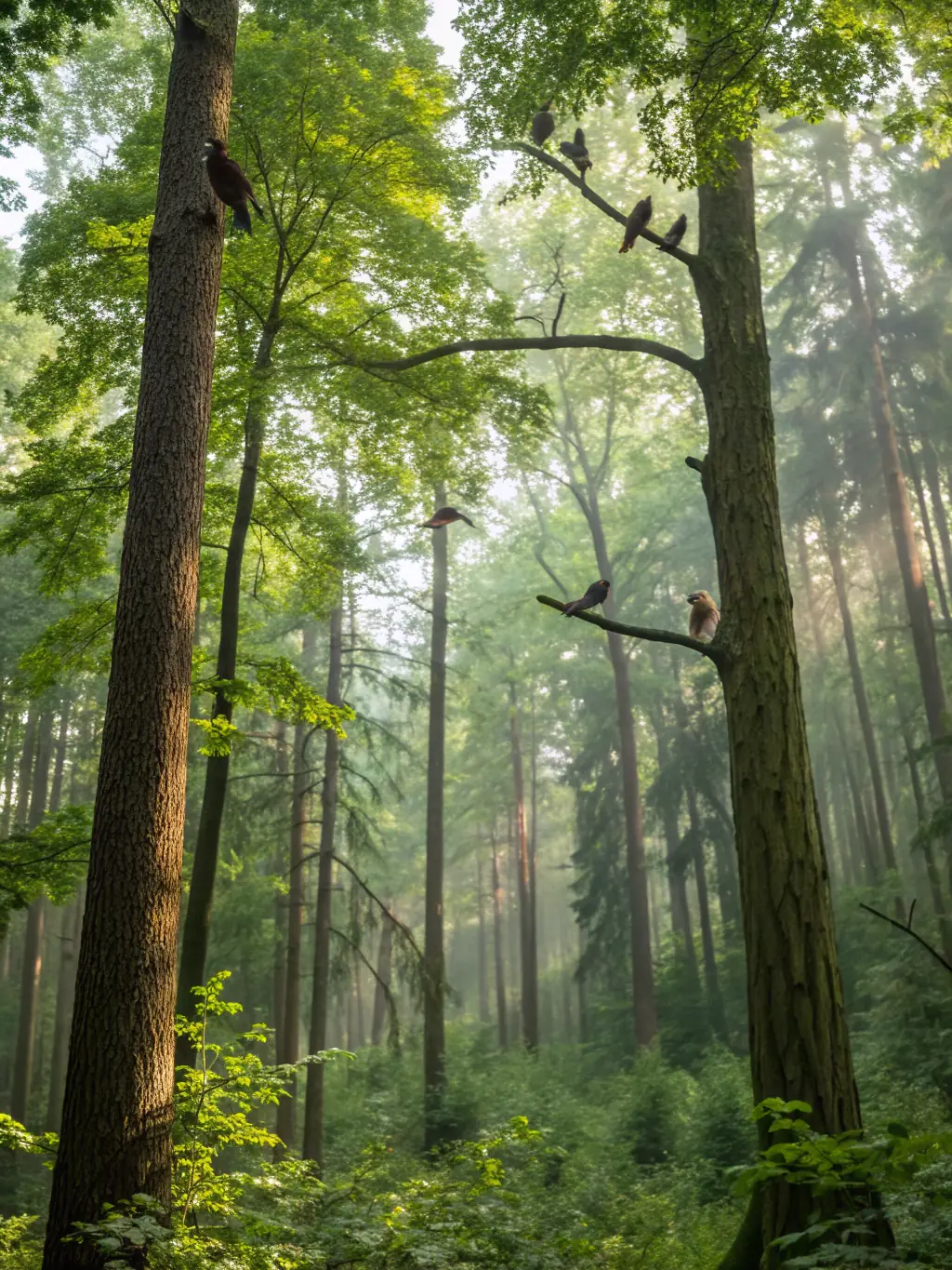 A serene forest landscape with diverse wildlife, symbolizing the positive impact of wildlife regulation and management efforts by SOCIETE COMMUNALE DES CHASSEURS DE SAINT-MARTIAL-DE-GIMEL.