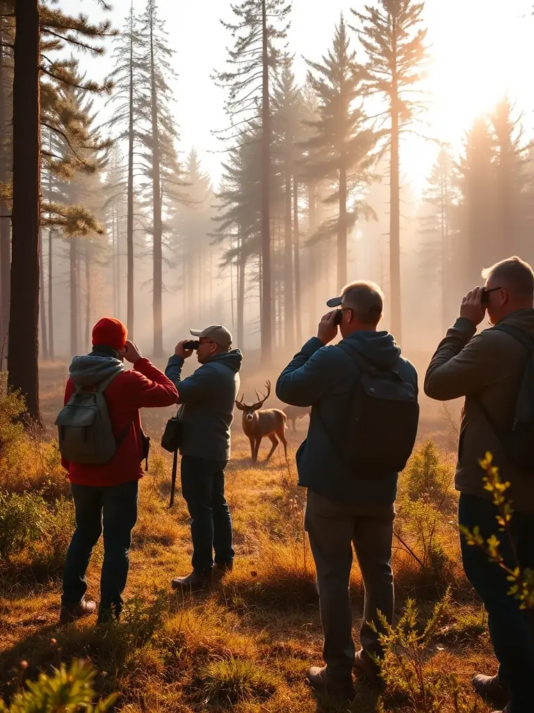 A photograph depicting members of SOCIETE COMMUNALE DES CHASSEURS DE SAINT-MARTIAL-DE-GIMEL participating in a wildlife census in the Gimel region, focusing on deer population monitoring.
