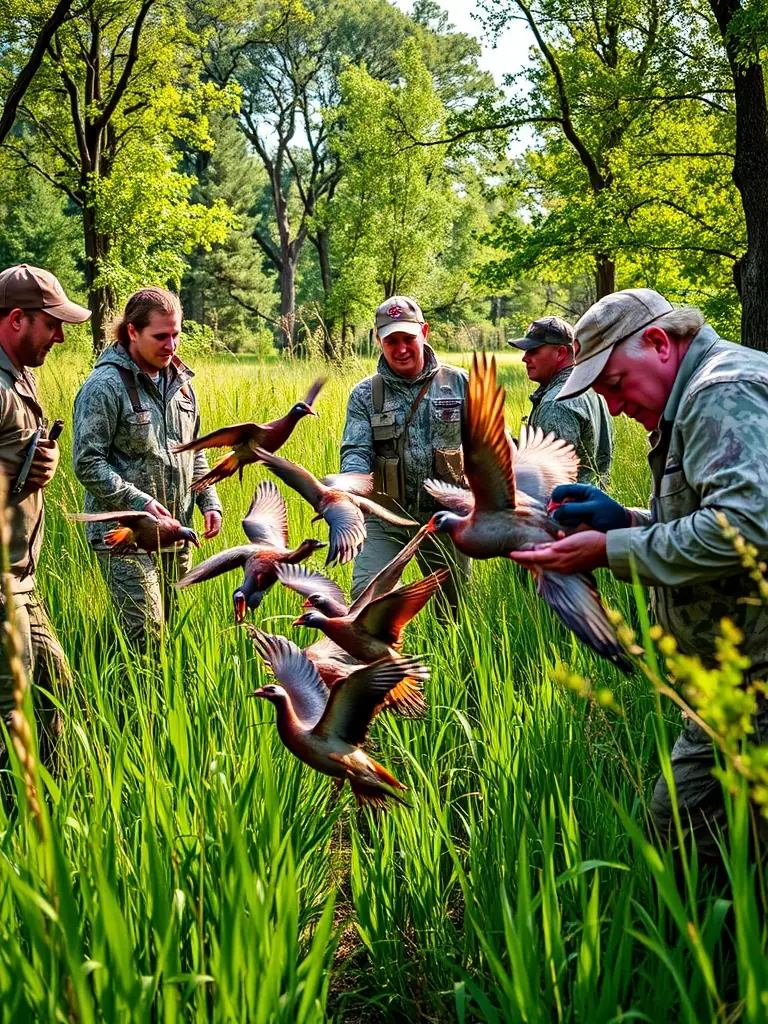 A photograph of SOCIETE COMMUNALE DES CHASSEURS DE SAINT-MARTIAL-DE-GIMEL members releasing pheasants into a managed habitat, showcasing species repopulation efforts.