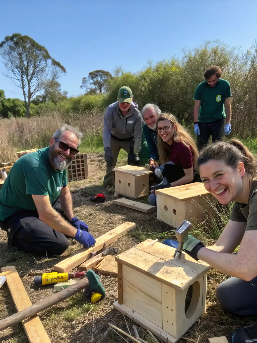 A photograph showing volunteers constructing a bird nesting box as part of a habitat restoration project in a local forest managed by the organization.
