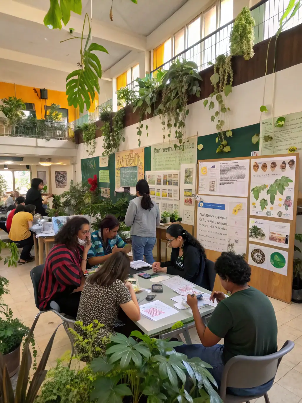 A vibrant community workshop where people of all ages are learning about local wildlife and conservation, emphasizing the importance of environmental education.